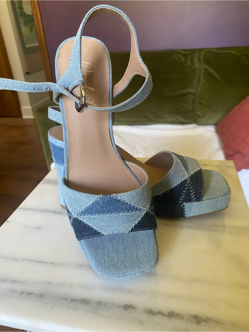 Wonderly Patchwork Denim Platform Sandals - Light & Dark Blue